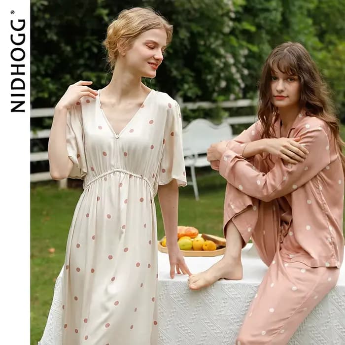 Femmes à pois pyjama ensemble soyeux Viscose vêtements de nuit à manches longues