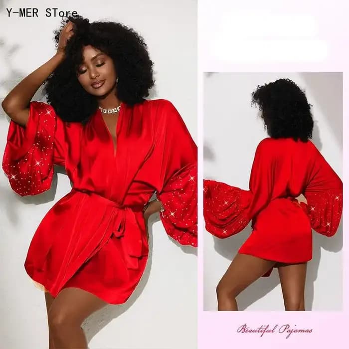 Robe Kimono Courte en Satin Brillant pour Femme