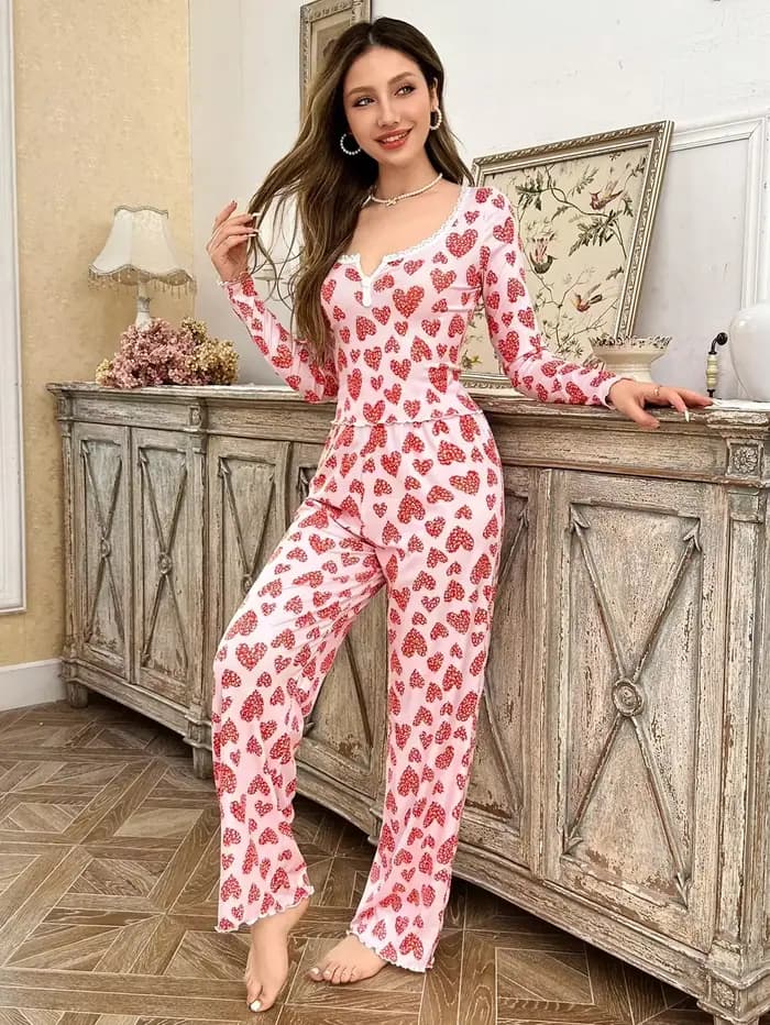 Ensemble pyjama 2 pièces pour femme en tricot côtelé avec imprimé cœur