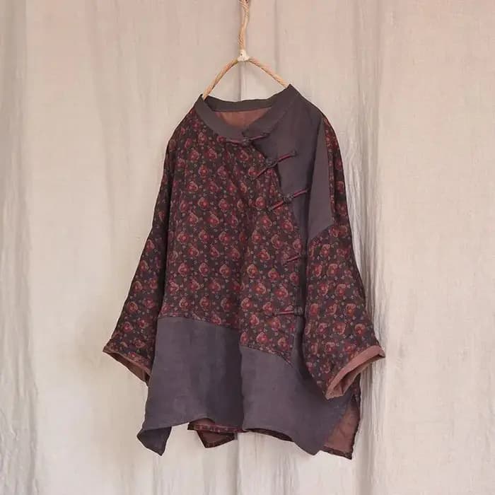 Coton lin t-shirts femmes mode imprimé contrasté à lacets chemise artistique irrégulière Vintage sur