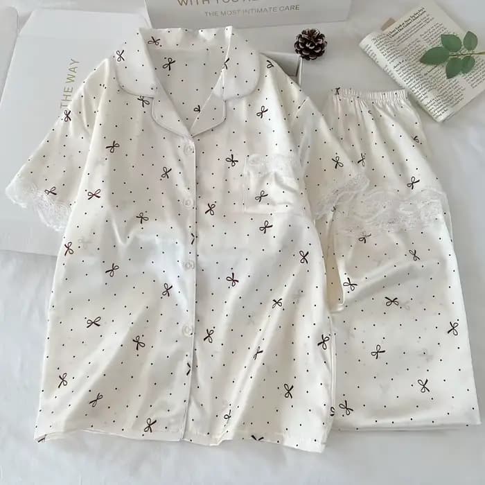 Nouveau Style coréen élégant jeunes dames pyjamas été nouveauté à manches courtes à pois nœud glace soie pyjama