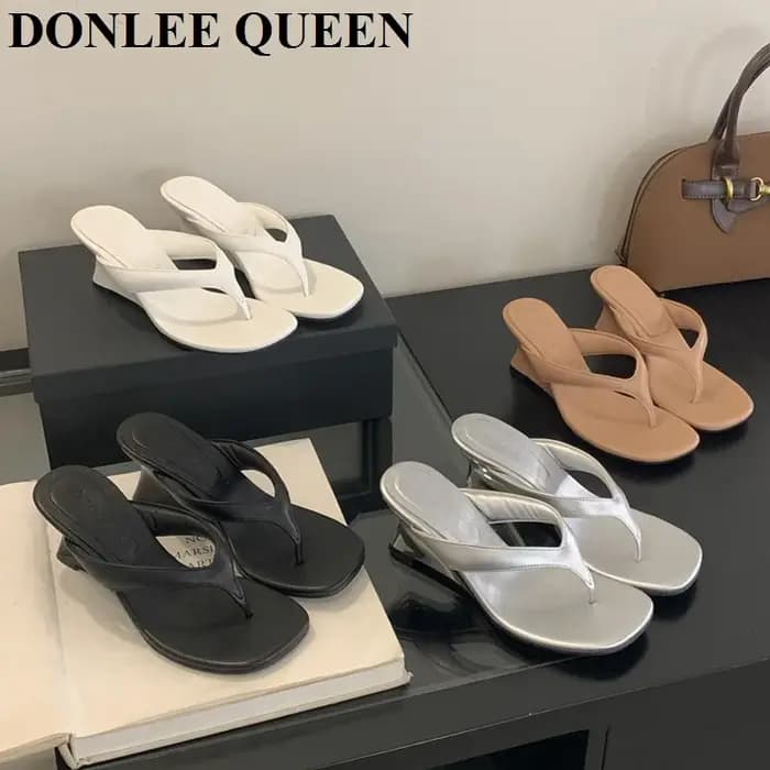 Marque de mode talon compensé pantoufle diapositives femmes pince orteil tongs bande étroite sandales chaussures