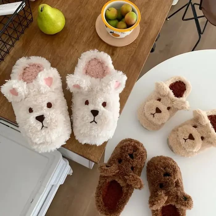 Kawaii hiver chien pantoufles doux anti-dérapant dessin animé fourrure