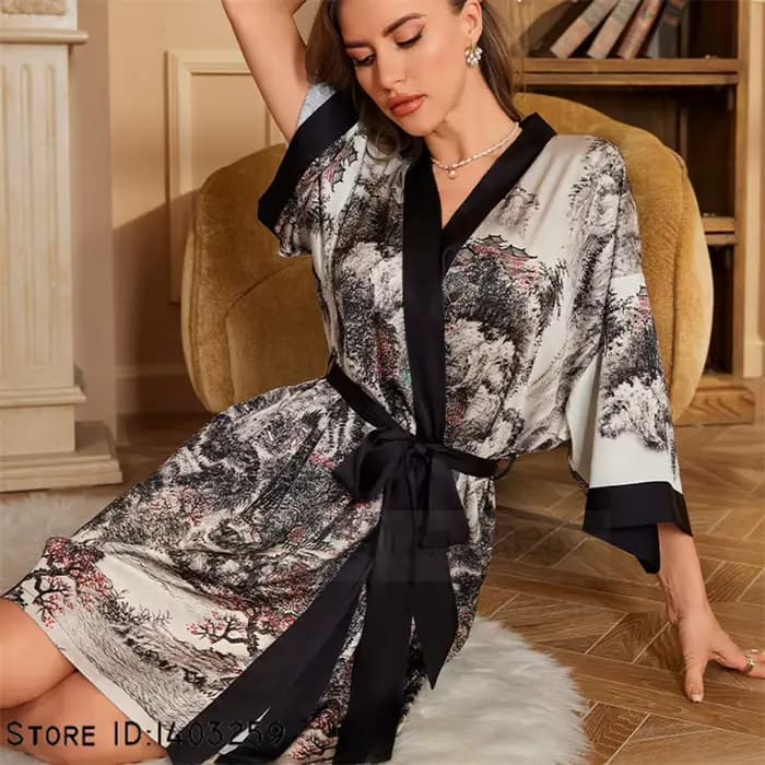 Style chinois imprimé Robe vêtements de nuit été glace soie Kimono peignoir