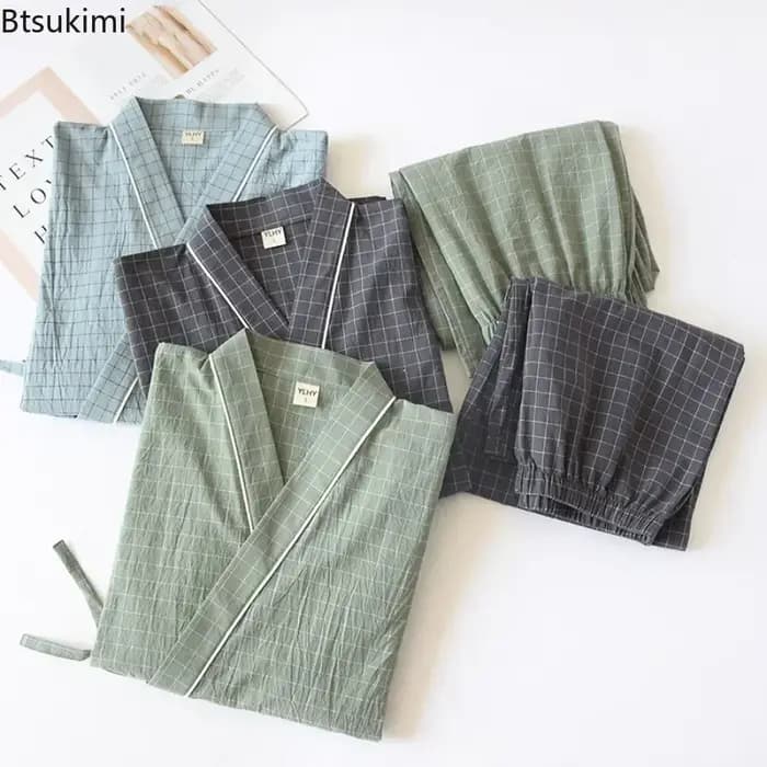Ensemble pyjama Kimono japonais pour hommes, confortable, 100% coton, à carreaux, ample, pour la maison, peignoirs, pantalons longs, deux pièces, 2026