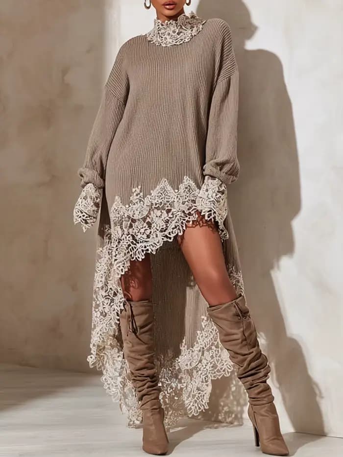 Robe pull en maille kaki pour femme avec dentelle, col montant, manches longues, ourlet asymétrique