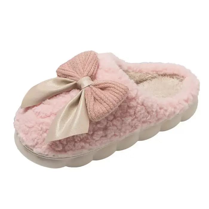 Pantoufles chaudes d'hiver en fourrure pour femmes, chaussures souples antidérapantes avec nœud mignon, confortables à talon plat, pantoufles d'intérieur en peluche pour chambre à coucher, 2025
