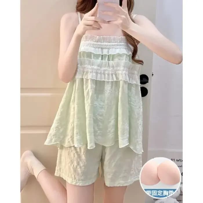 Ensemble de pyjama d'été style princesse pour femme avec coussinet de poitrine, short à bretelles, vêtements d'intérieur coréens, tenue décontractée ample à volants pour filles