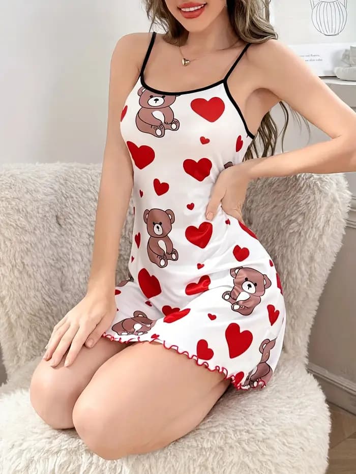 Chemises de nuit pour femmes imprimées ours en peluche et cœurs