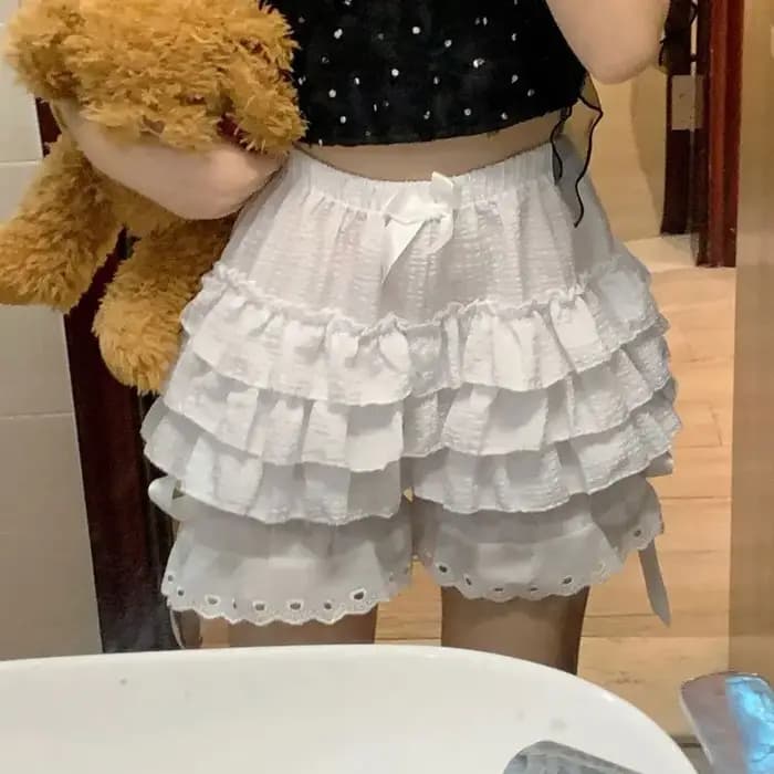 Pyjama d'été pour femmes, short de maison, jupe bouffante, pantalon citrouille en dentelle, pantalon jupe gâteau