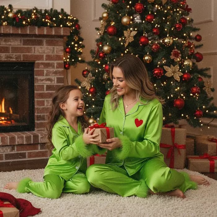 Hirigin femmes pyjamas de noël vert Satin soie plume garniture boutonné chemises Jammies noël Grinch correspondant Pjs tenues