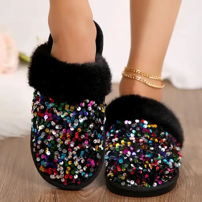 Pantoufles d'intérieur en fourrure de tissu à paillettes de luxe pour femmes