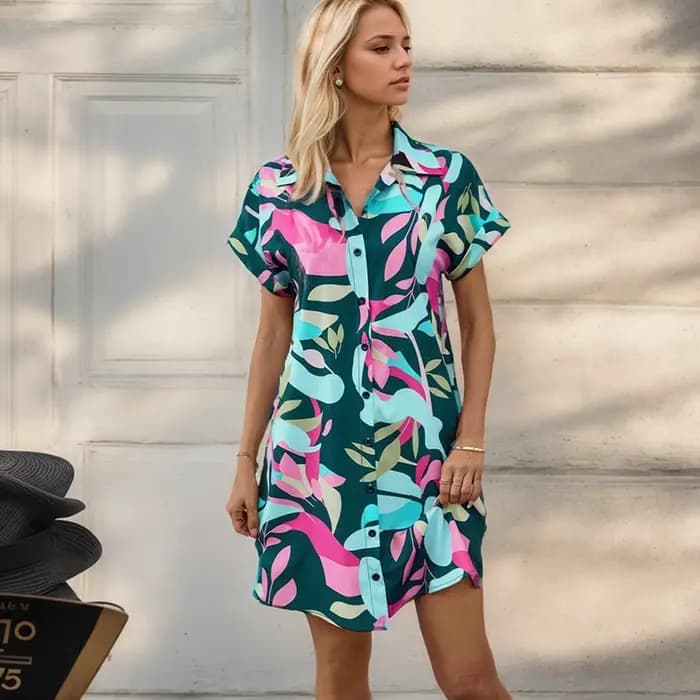 Mini robe bohème décontractée à simple boutonnage