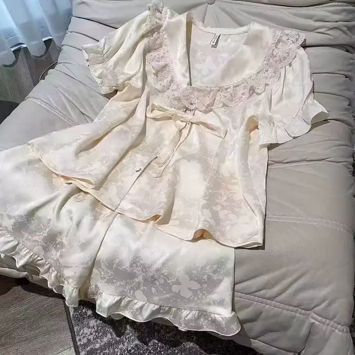 Doux jeune fille 2 pièces Pyjamas ensemble vêtements de nuit mignon col de poupée à manches courtes