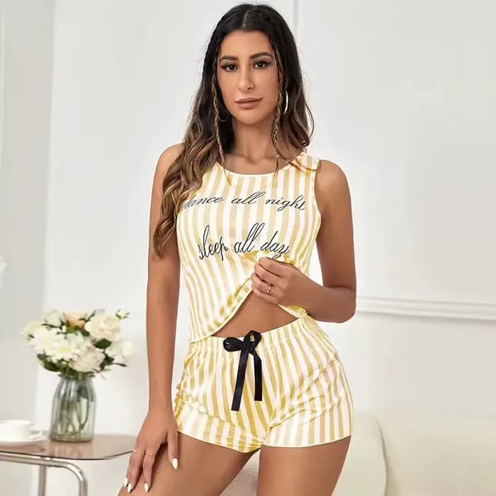 Pyjamas pour femmes été rayure pyjama imprimé Faux coton col rond