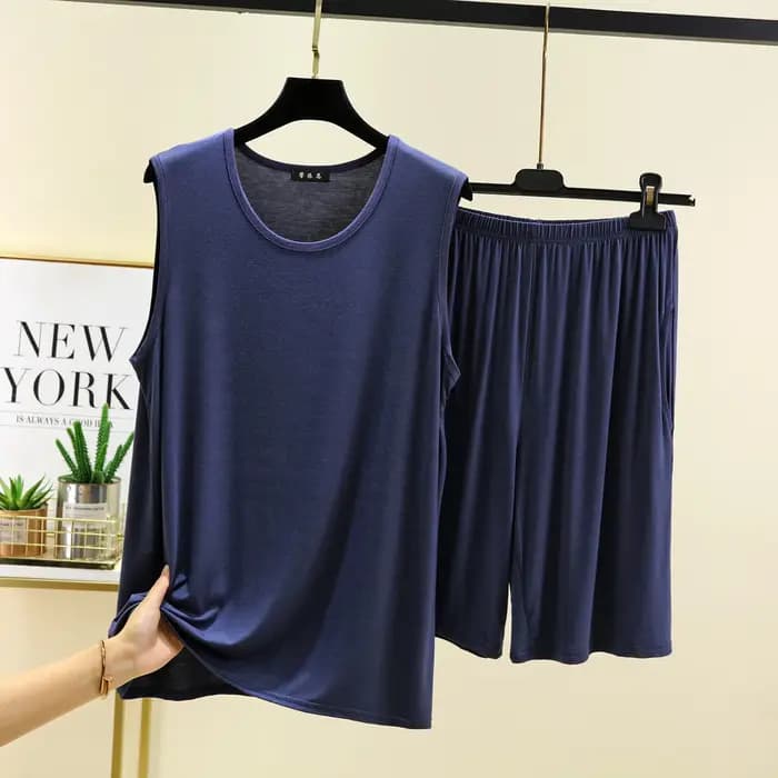 Adulte hommes pyjamas ensemble grande taille vêtements de nuit haut sans manches pantalon costume Mo