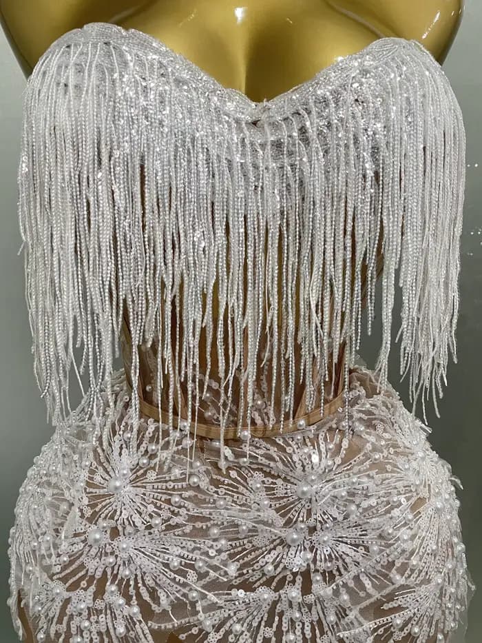 2025 Sexy perle paillettes gland sans manches paillettes Mini robe femmes chanteur Bar discothèque s