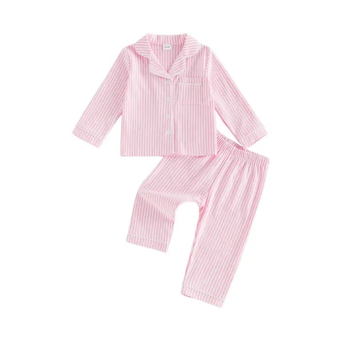 Ensembles de pyjama pour enfants, filles et garçons, chemises rayées à manches longues boutonnées, hauts et pantalons, vêtements de nuit 2 pièces, tenues de détente
