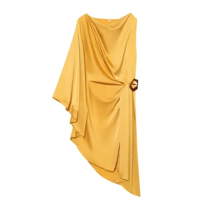 Nouvelle Robe Mini Asymétrique en Satin Moutarde Luxe Style Old Money pour Femme