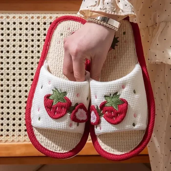 Pantoufles en lin fraise pour filles, sandales de maison silencieuses et antidérapantes à semelle souple avec Support d'arc ergonomique, chaussures d'intérieur confortables