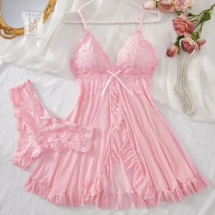Chemise de nuit sexy en dentelle transparente pour femmes, lingerie rose, sous-vêtements, vêtements de nuit sexy, ensemble de string fin, robe de nuit élégante, pyjamas DeepVfur s