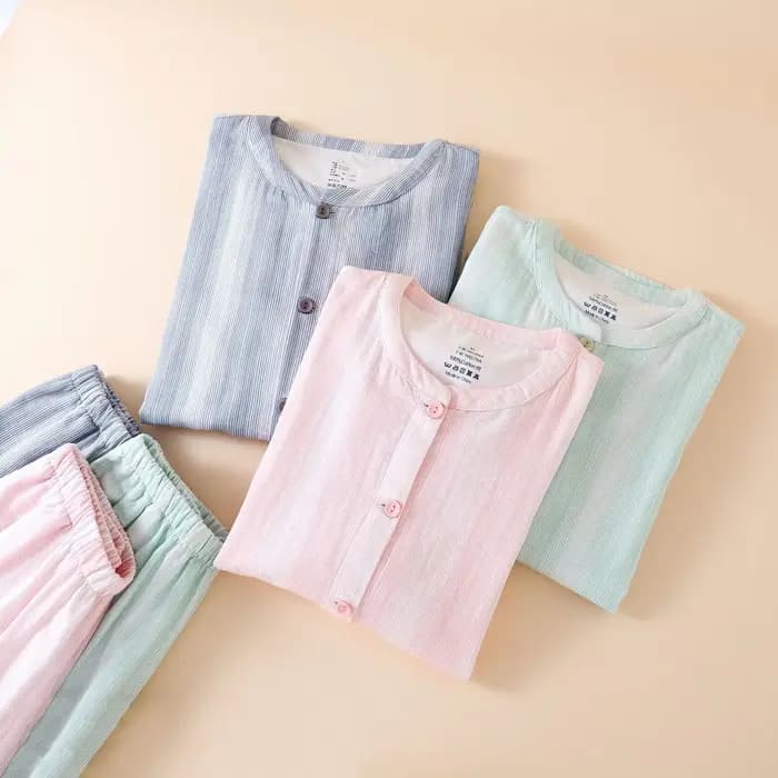 Pyjama en coton à rayures dégradées, Double gaze, vêtements de détente pour couples, col rond, manches longues, pantalon pour femmes, automne 2025