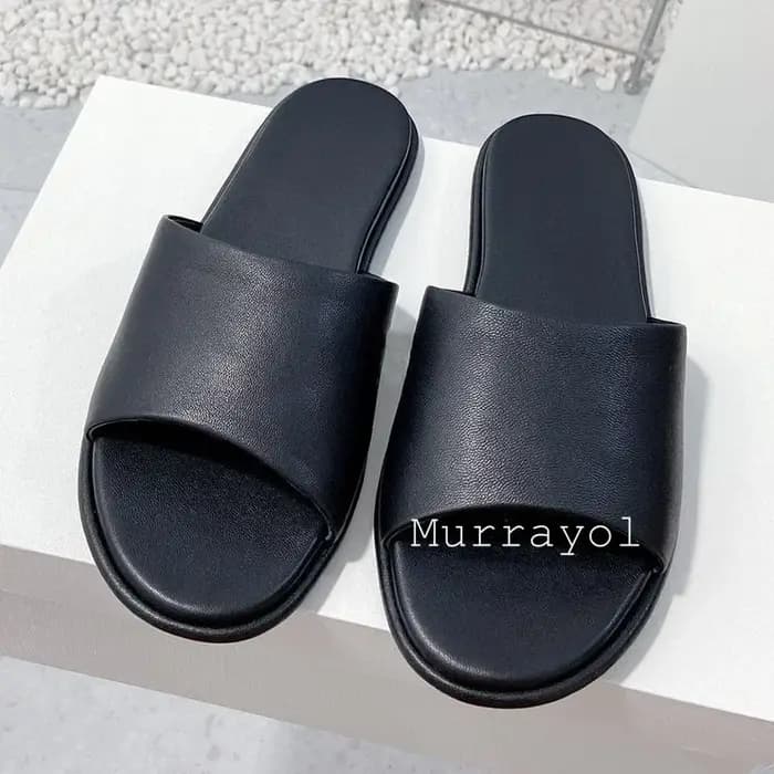 Pantoufles en cuir véritable de couleur unie pour femmes