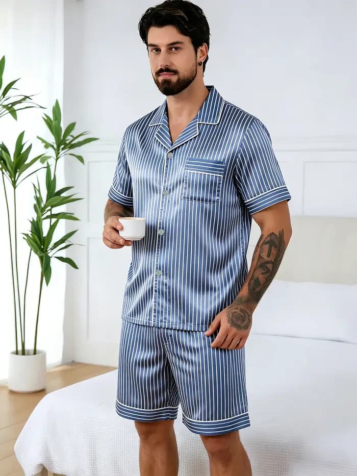 Ensemble de pyjama pour homme en satin à rayures imprimées