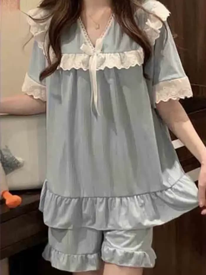 Pyjama ensembles femmes dentelle doux nœud princesse ample maison 5 couleurs mode tendre décontracté été Style japonais Vintage vêtements de nuit Chic