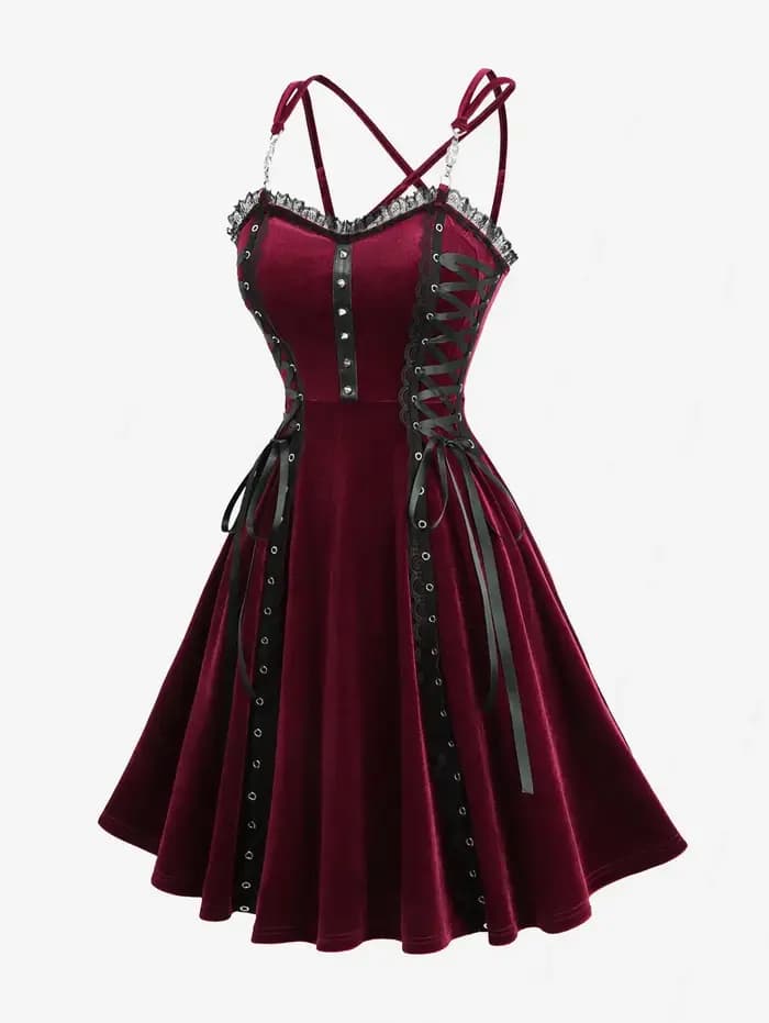 Femmes gothique Vintage robes Costume à lacets PU sangle Rivet croisé à bretelles velours Halloween robe
