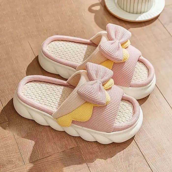 1 paire de pantoufles en lin pour femme antidérapantes avec nœud