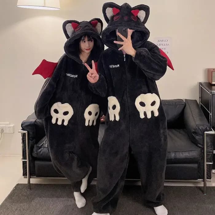 Dessin animé diable pyjamas Couples femmes hommes Onesie vêtements de nuit hiver épaissir à capuche
