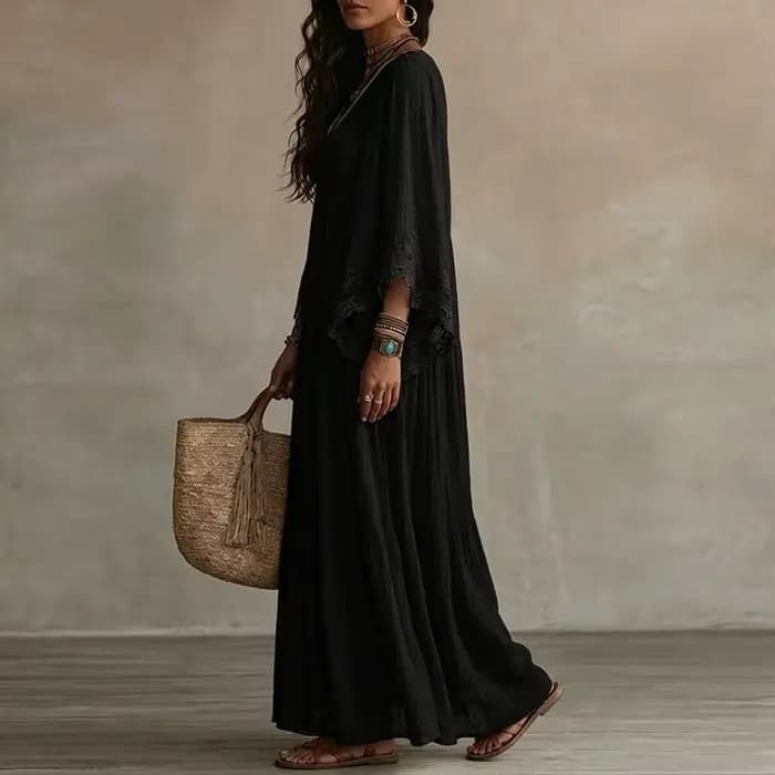 Robe longue vintage en dentelle unie pour femme