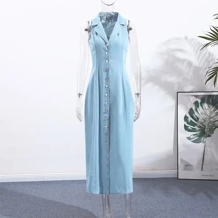 Robes Maxi à revers en Denim sans manches pour femmes