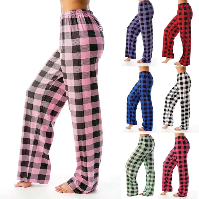 Pantalon de pyjama femme en polyester motif plaid pour automne bas de sommeil large avec cordon de serrage confortable pour maison