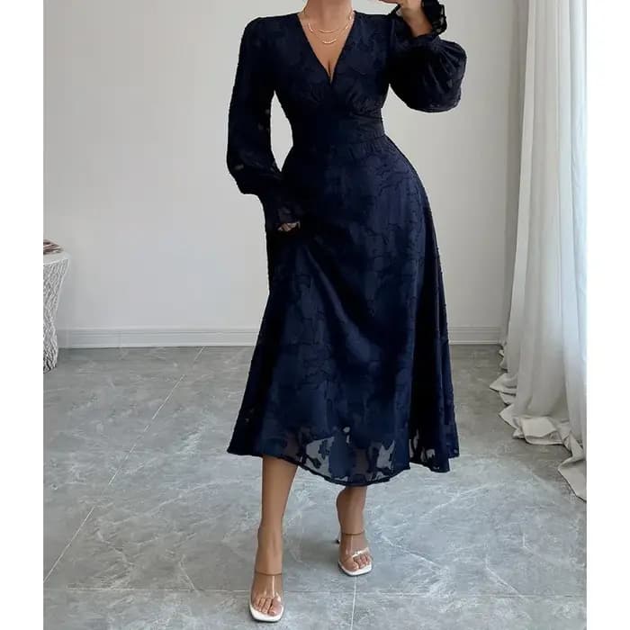 Robe à manches longues en dentelle en V profond, Style élégant, automne-hiver 2025