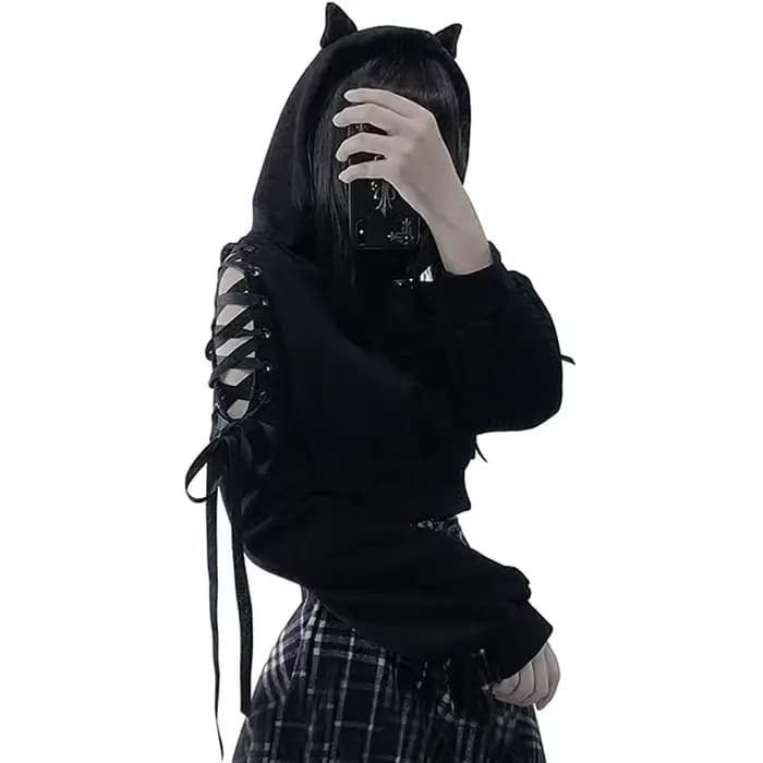 Y2k gothique femmes à capuche chat oreille haut court sweat à capuche évider à lacets à manches long