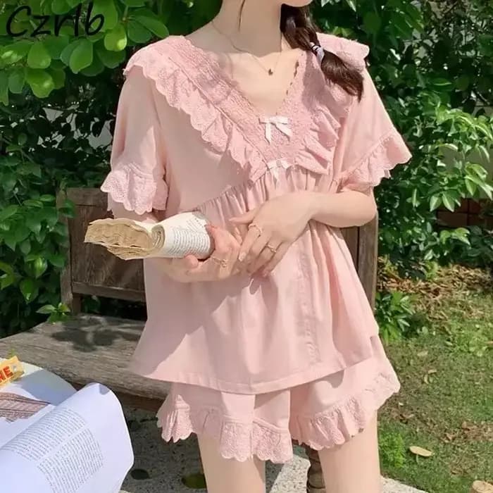 M-5XL pyjama ensembles femmes princesse adt maison à manches courtes doux volants style coréen solide mode été décontracté chic vêtements de nuit