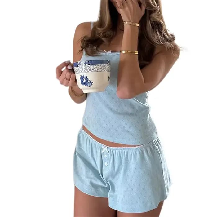 Lamuusaa-Ensembles de pyjama CoAdvantages pour femmes, haut caraco avec nœud et short, vêtements de