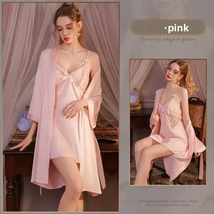Ensemble de pyjama et robe de chambre en satin ajouré avec nœud en dentelle, dos nu, avec coussinets de soutien-gorge intégrés, respirant, tenue d'intérieur, style français charmant