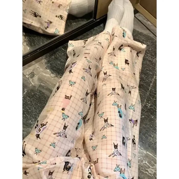 Pantalon de pyjama pour femmes, pantalon de chiot de dessin animé, pantalon de salon fin, grande taille, rayé, rose, décontracté, ample, taille haute, pantalon de couchage