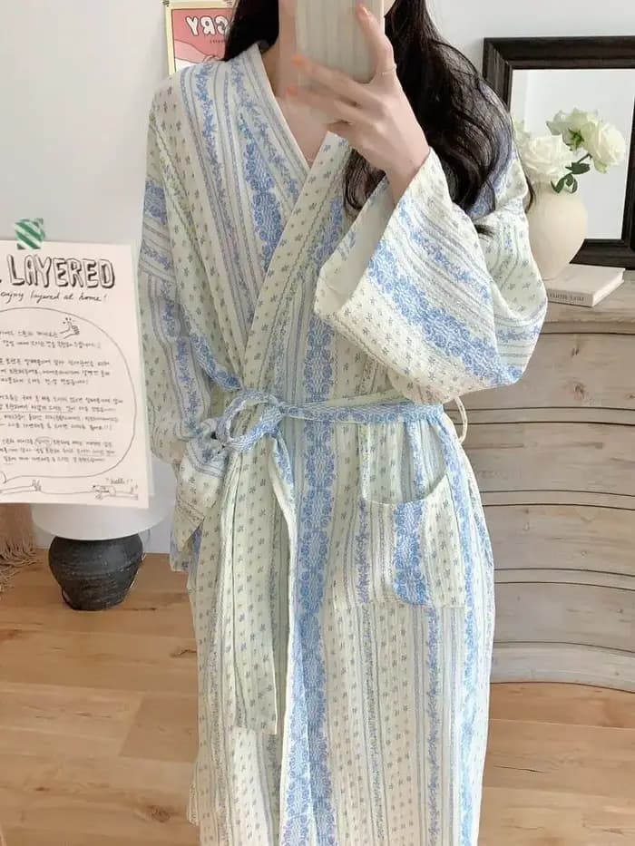 Peignoir pour femme : Robe kimono rayée à manches longues toutes saisons – Pyjama et vêtements de détente amples