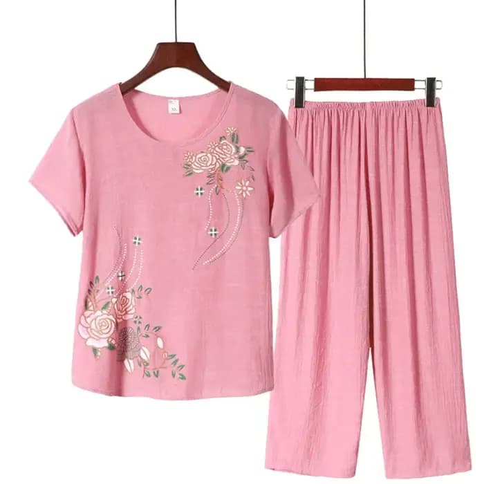 Ensemble de pyjama en lin et coton à imprimé floral pour femmes âgées, manches courtes, ample, grande taille, tenue d'été pour maman, tenue à domicile en deux pièces