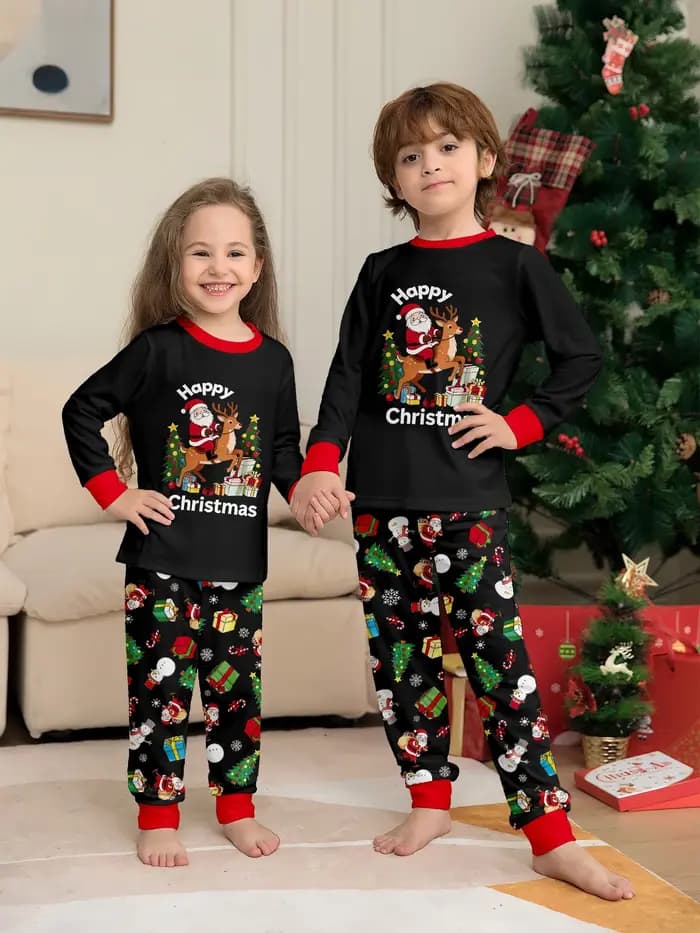 Ensemble de pyjamas assortis à imprimé mignon pour Noël, pour adultes et enfants, 2 pièces, t-shirt à manches longues + pantalon, vêtements de maison, tenue de fête de Noël, pyjamas