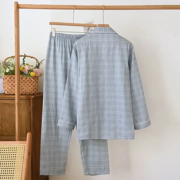 Ensemble de pyjama pour homme en coton gazeux à manches longues et pantalon, design à carreaux décontracté, taille plus, pyjama homme
