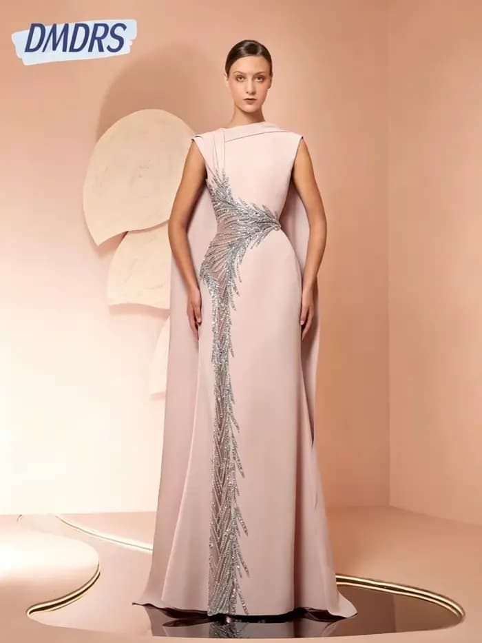 Robe de soirée en crêpe bleue avec broderie et longue écharpe découpée charmante droite perlée pailletée mère du cocktail personnalisée