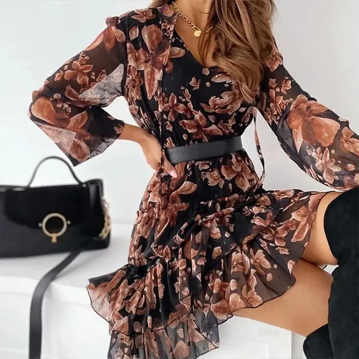 Robe plissée à imprimé Floral pour femmes, col en v, manches longues, à volants, ligne a, robe enveloppée, printemps été, vacances, robes de plage, Streetwear