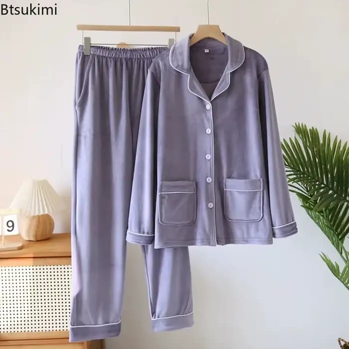 Pyjama d'hiver 2026 en flanelle épaisse et chaude à manches longues pour femme – Ensemble de nuit et vêtements de détente