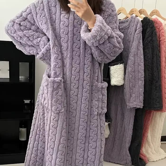 Hiver à manches longues Double poche flanelle chemises de nuit femmes ample solide vêtements