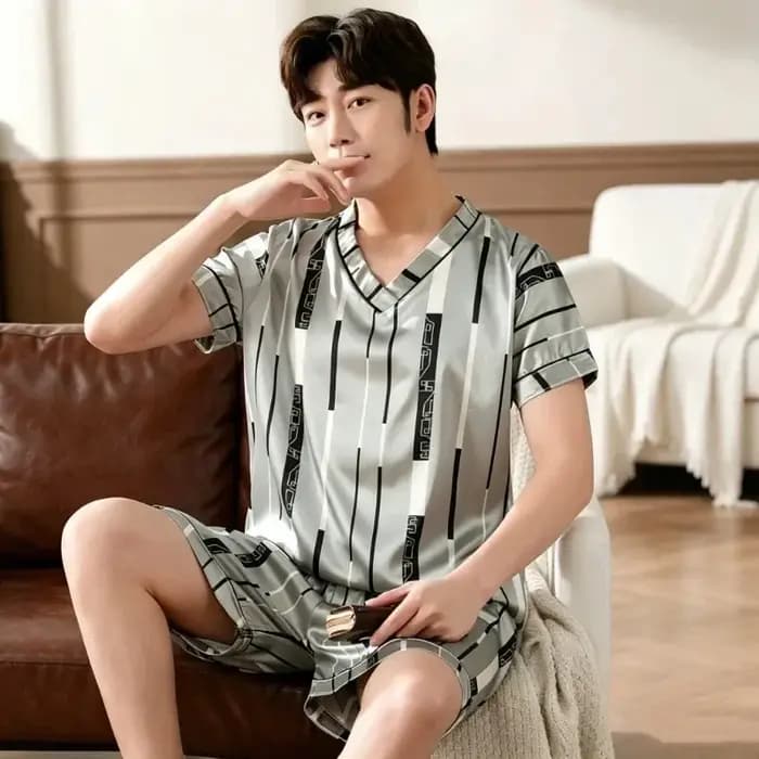 Ensemble de pyjama grande taille pour homme – Nouvelle collection été – Imprimé tendance – Vêtements de nuit pour homme – Col en V – Manches courtes – Short – Tenue décontractée et confortable pour la